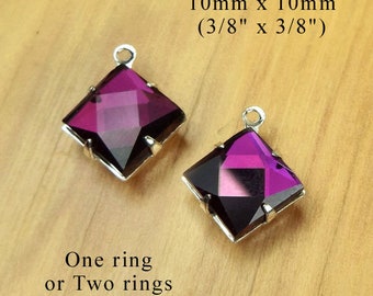 Amethyst glass 10x10mm diamond shape pendants, glass connectors or earring beads, 2 pc