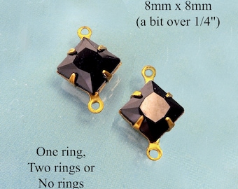 Black glass gems, 8x8mm diamond shape rhinestones for tiny pendants, glass connectors, and earrings, 2 pc