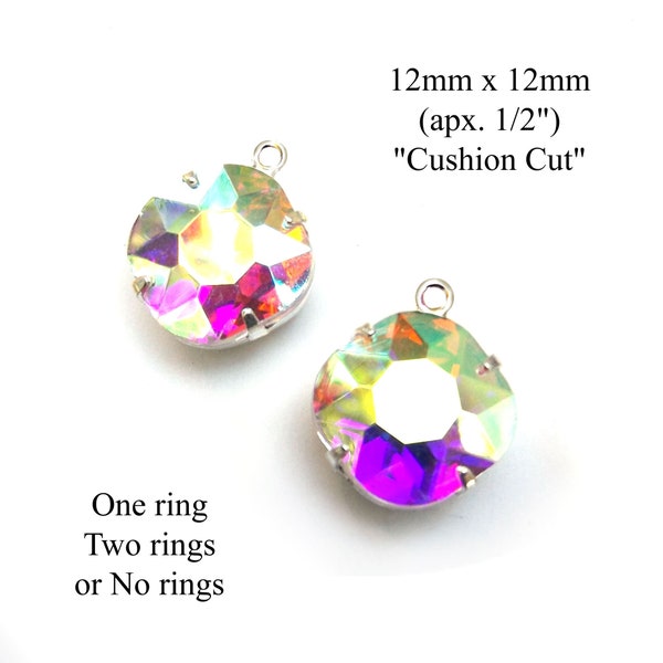 Crystal AB 12x12mm glass octagons, cushion cut glass gems for pendants, glass connectors, and earrings, 2 pc