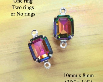 Rainbow vitrail glass beads are 10x8mm octagons for earrings or tiny pendants or glass connectors, 2 pc