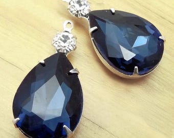 Montana sapphire or navy blue glass 18x13mm pears in 26x13mm multi stone settings, 2 pc