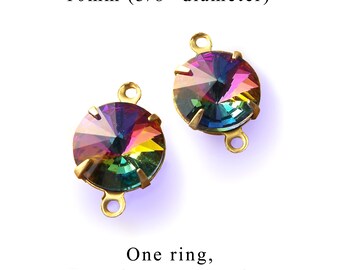 Bright rainbow vitrail 10mm round rhinestone pendants, glass connectors or earrings, 45ss stone size, 2 pc