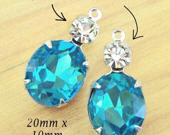 Aqua blue glass beads, 20x10mm oval rhinestone pendants or earrings with 12x10mm ovals, can be custommized