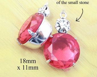 Rose pink vintage glass gems, 18x11mm multi stone settings with 11mm pink round gems and 4mm rhinestones, 2 pc