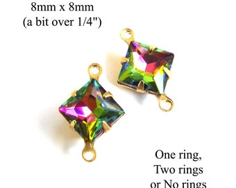 Rainbow vitrail 8x8mm diamond shape rhinestones for tiny pendants, glass connectors, and earrings, 2 pc