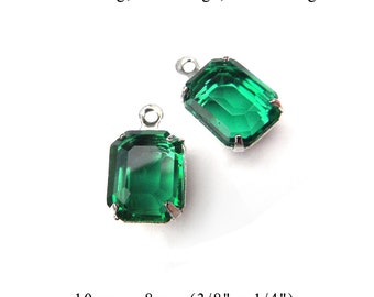 Sheer emerald green 10x8mm glass octagons for tiny pendants, glass connectors, and earrings, 2 pc, SALE price