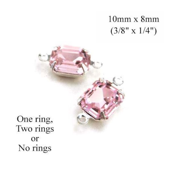 Pink glass 10x8mm octagons, light rose pink rhinestone tiny pendants, glass connectors or earring stones, 2 pc