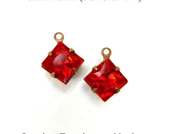 Red 8x8mm square glass gems for tiny pendants or earrings or glass connectors, 2 pc