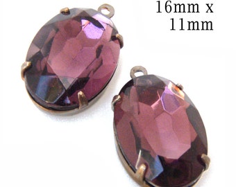 Amethyst purple vintage glass stones - 16x11mm oval rhinestone pendants or earrings, 2 pc