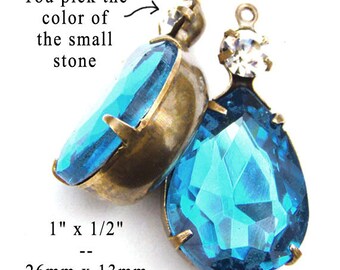 Aqua glass teardrops, 26x13mm rhinestone earrings or pendants with 18x13mm aqua pears, can be customized, 2 pc