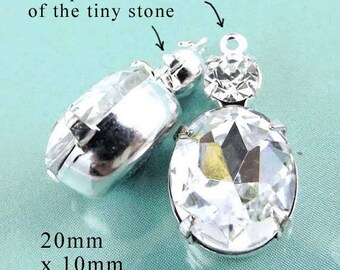 Clear crystal glass gems in multi stone settings, 20x10mm oval rhinestone pendants or earrings for bridal or wedding jewelry, 2 pc
