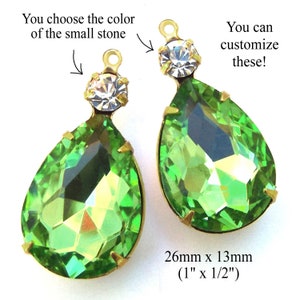 Peridot green glass gems, pendants or earrings have 18x13 pears in 26x13mm multi stone settings, 2 pc