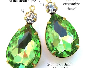 Peridot green glass gems in 26x13mm rhinestone pendants or earrings have 18x13 pears in multi stone settings - can be customized - 2 pc
