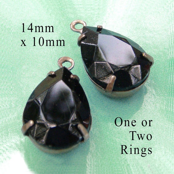 black vintage glass 14x10 rhinestone teardrop pendants or earring jewels