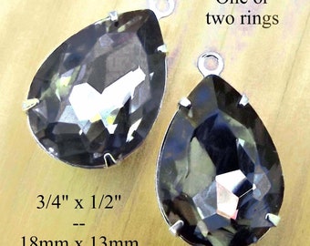 Black diamond 18x13mm rhinestone pear or teardrop stones for pendants or earrings or glass connectors, 2 pc