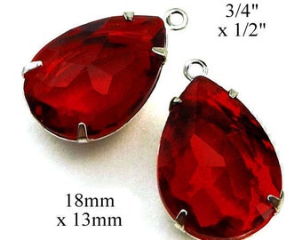 Sheer deep red 18x13mm faceted glass pear or teardrop shaped stones for pendants or earrings, 2 pc, SALE price