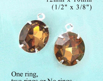 Smoky topaz glass gems, 12x10mm rhinestone ovals for small pendants, glass connectors or earrings, 2 pc
