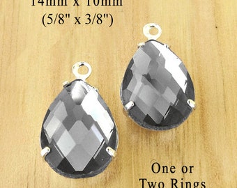 Black diamond 14x10mm pear or teardrop glass gems, checker faceting, gray rhinestone pendants, glass connectors or earrings, 2 pc