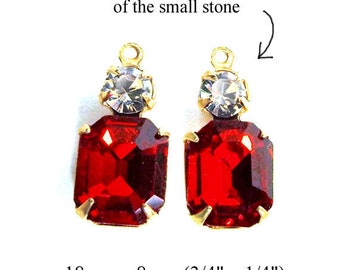 Red glass gems, 18x8mm rhinestone earrings or tiny pendants, multi stone settings with 10x8mm octagons, customize these, 2 pc