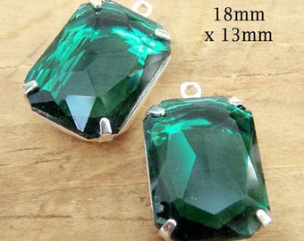 SALE - Sheer emerald green glass octagons, 18x13mm rhinestone pendants, earrings or glass connectors, 2 pc