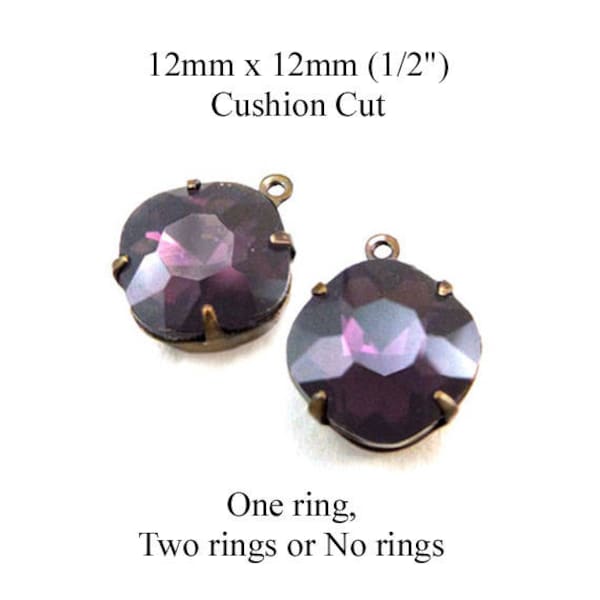 Amethyst purple 12x12mm octagons, deep purple faceted glass cushion cut octagon beads for pendants, earrings or glass connectors, 2 pc