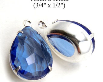 Sheer sapphire blue glass pears, 18x13mm rhinestone teardrops for pendants or earrings, 2 pc - SALE price