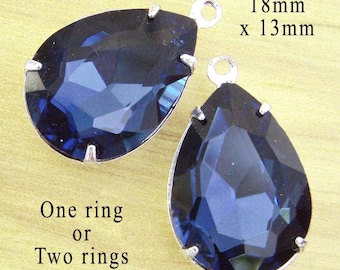Navy blue glass pears, montana sapphire 18x13 rhinestone pendants, glass connectors or earrings, 2 pc