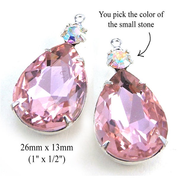 Pink glass teardrops, 26x13mm rhinestone earrings or pendants in multi stone settings, customize these, 2 pc