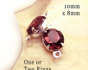 Garnet red glass gems, burgundy 10x8mm oval rhinestones for tiny pendants, glass connectors or earrings, 2 pc