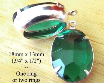 Sheer emerald green oval glass gems, 18x13mm rhinestone pendants, glass connectors or earrings - CLEARANCE - slightly rough edges