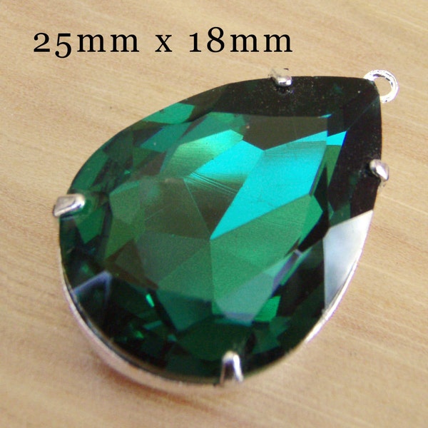 Emerald Pendant, 25x18 Pear, Silver Setting, Rhinestone, Glass Jewel, 18x25 Teardrop, Set Stone, 25mm x 18mm, Dark Green, Glass Gem