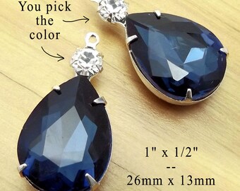 Navy blue glass gems, 26x13mm montana sapphire teardrops in multi stone settings, with 18x13 pears, can be customized
