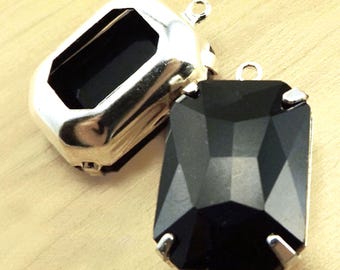 Octogones en verre noir 18 x 13 mm, gemmes en verre noir opaque, 2 pièces