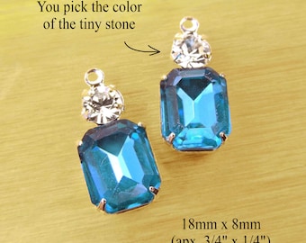 Aqua blue glass gems, 18x8mm rhinestone earrings or tiny pendants with 10x8mm octagons in multi stone settings, 2 pc