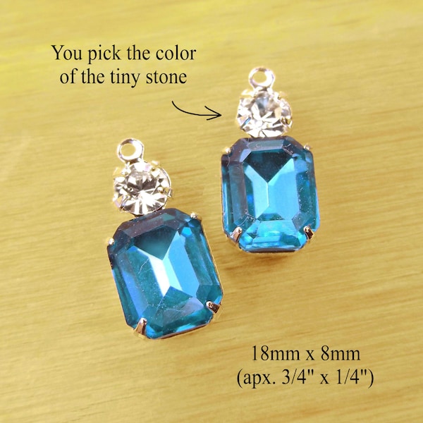 Aqua blue glass gems, 18x8mm rhinestone earrings or tiny pendants with 10x8mm octagons in multi stone settings, 2 pc