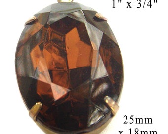 Smoky topaz vintage glass pendant, 25x18mm oval rhinestone, brown oval pendant