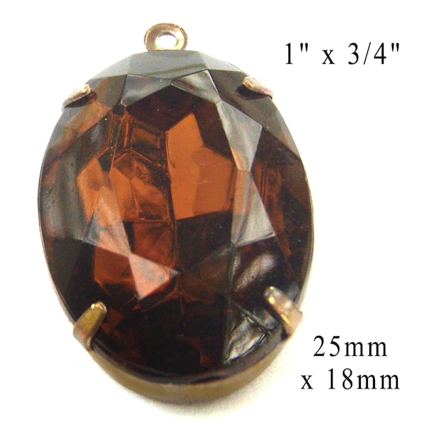 Smoky topaz vintage glass pendant, 25x18mm oval rhinestone, brown oval pendant