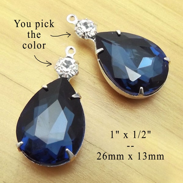 Montana sapphire or navy blue glass teardrops in 26x13mm settings for pendants or earrings feature 18x13 pears, can be customized, 2 pc