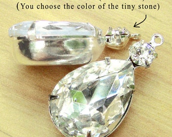 Crystal clear rhinestone pears in multi stone settings - 26x13mm pendants or earrings with 18x13 teardrops - 2 pc