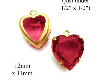 Sheer deep rose pink vintage glass hearts are 12mm x 11mm, 2 pc, romantic pink heart jewels