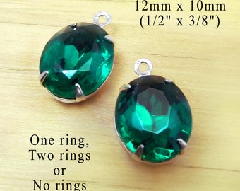Emerald green vintage glass beads, 12x10mm oval rhinestone pendants, earrings or glass connectors, 2 pc