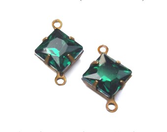 Emerald green glass gems, 8x8mm diamond shape rhinestones for tiny pendants, glass connectors, and earrings, 2 pc