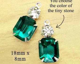 Emerald green glass gems, 18x8mm rhinestone earrings or tiny pendants, multi stone settings with 10x8mm octagons, 2 pc