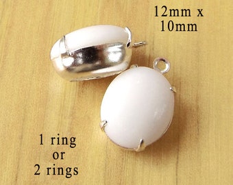 White vintage glass cabochons,  opaque white 12x10mm oval glass beads for pendants, earrings or glass connectors, 2 pc