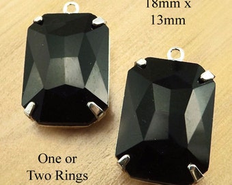 SALE - Black glass octagons, 18x13mm rhinestone pendants or earrings, opaque black glass gems, 2 pc