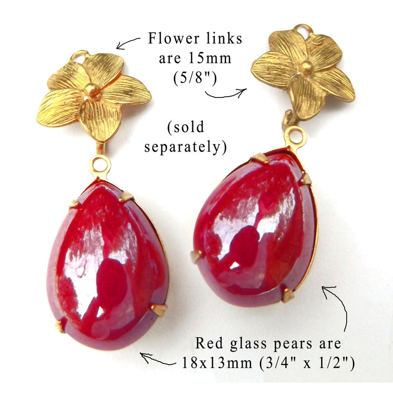 red glass pears and brass flowers linked for pretty earring design idea