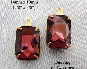 Garnet red glass octagons, 14x10mm rhinestone pendants, glass connectors or earrings, 2 pc