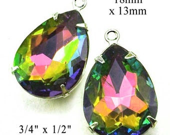 Rainbow vitrail glass beads, 18x13mm rhinestone teardrops for pendants and earrings - rainbow crystals, 2 pc