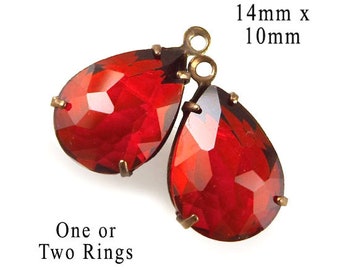 Sheer red 14x10mm glass pears or teardrops for pendants, glass connectors or earrings, 2 pc, CLEARANCE Sale