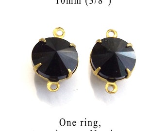 Jet black 10mm round glass gems with rivoli faceting for small pendants or glass connectors or earrings, 2 pc, 45ss